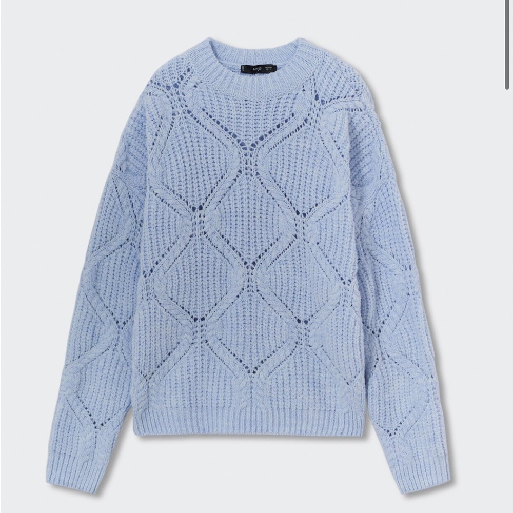 NWT MANGO OPENWORK KNIT SWEATER Soft Knit Sky Blue Sweater
